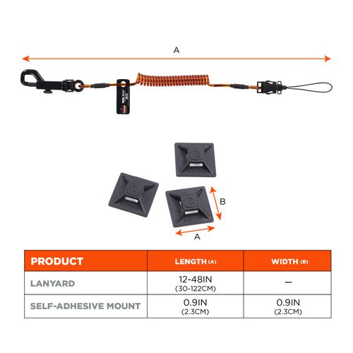 Ergodyne Squids 3151 Coil Lanyard Swivel Hook/detachable Loop Mini Adhesive Mount 2 Lb Max 12" Black/orange Ships In 1-3 Bus Days