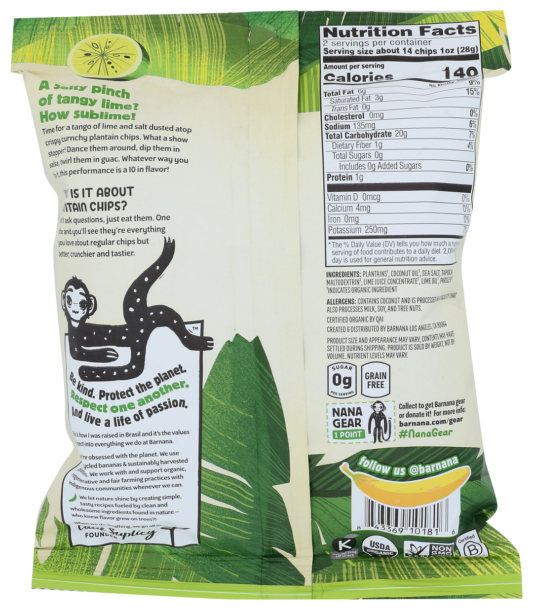 Barnana Lime Plantain Chips-56 Gram-6/Case