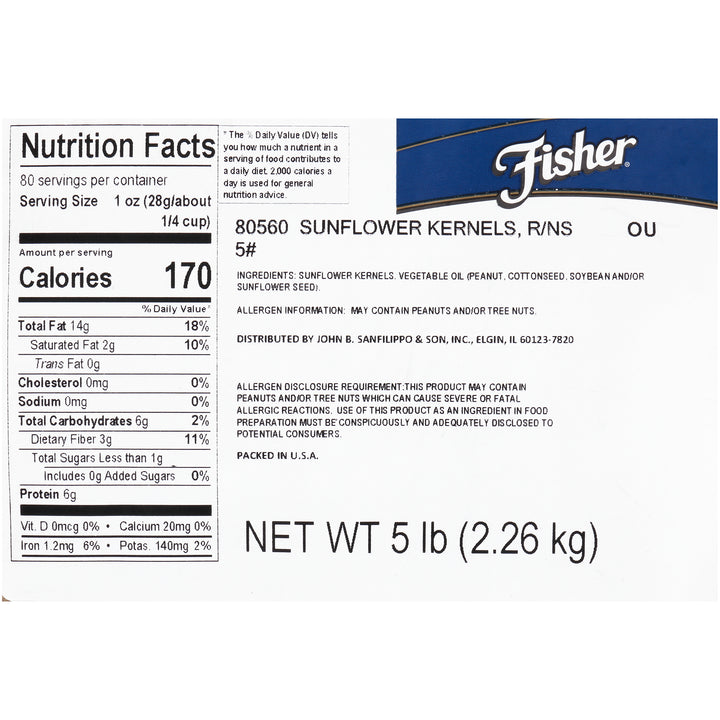 Fisher Roasted No Salt Sunflower Kernels-5 lb.-1/Case