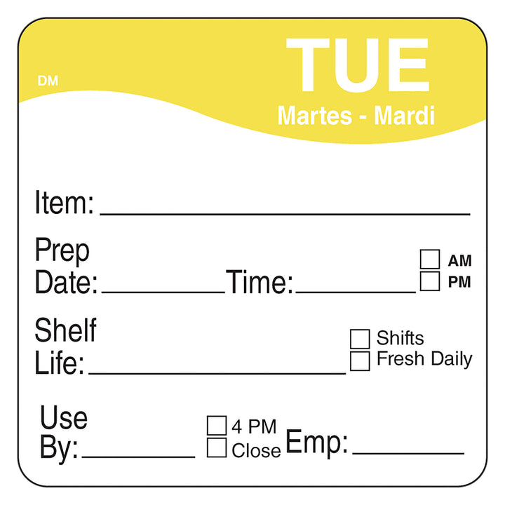 Daymark Dissolvemark-Dissolvable Adhesive 2 Inch X 2 Inch Rectangle Tuesday Shelf Life Label-250 Count-12/Case