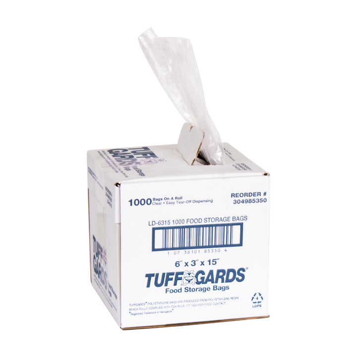 Tuffgards 6 Inch X 3 Inch X 15 Inch .6 Mil Low Density Roll Pack Easy Tear Clear Food Storage Bag-1000 Each-1000/Box-1/Case