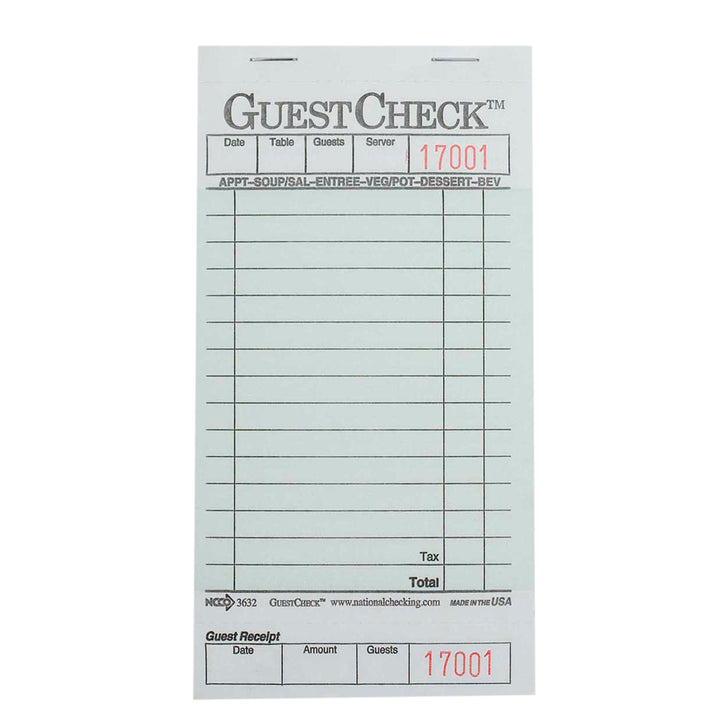 National Checking 3.5 Inch X 6.75 1 Part Green 13 Line Guest Check-2500 Each-1/Case