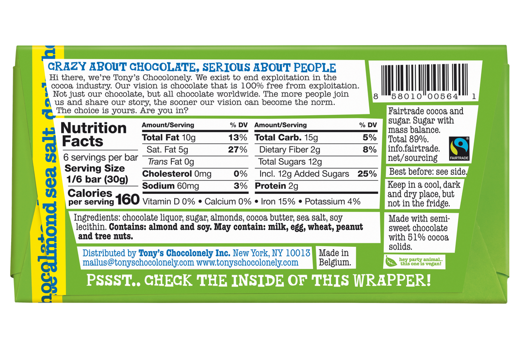 Tony's Chocolonely 51% Dark Chocolate Bar With Almonds & Sea Salt-6.35 oz.-15/Case
