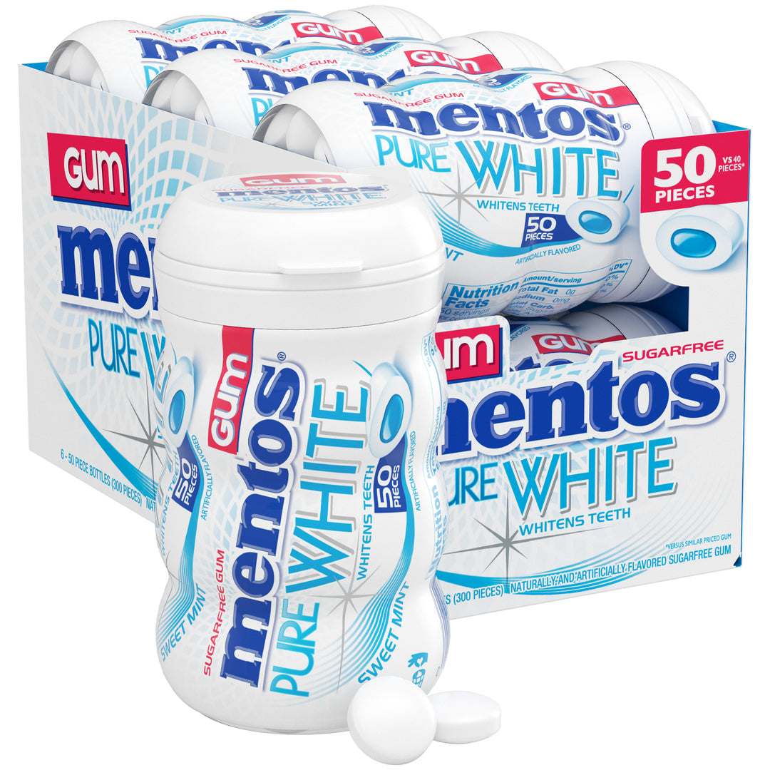 Mentos Sugar Free Pure Fresh Gum Pure White Curvy Bottle-50 Piece-6/Box-6/Case
