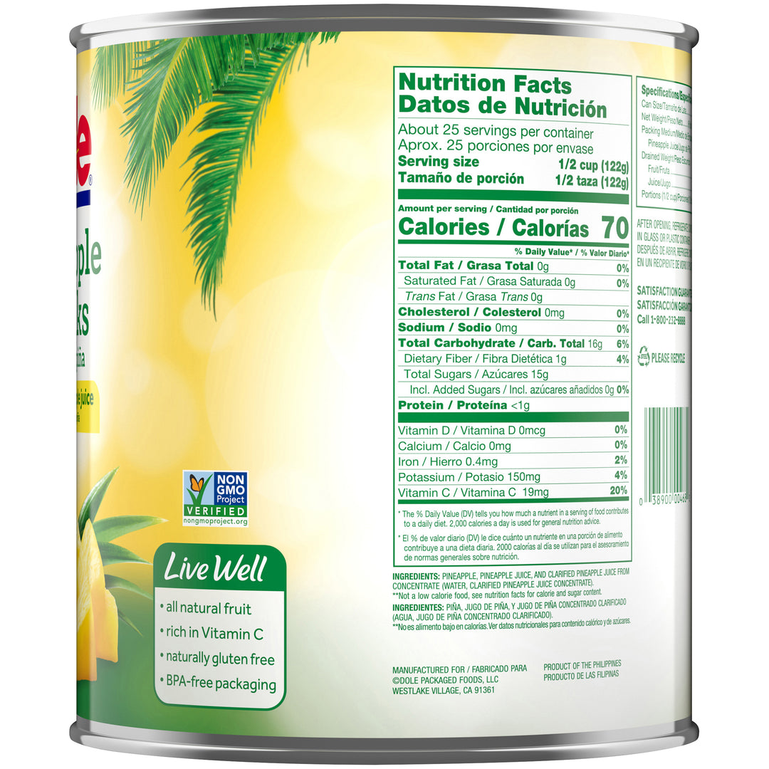 Dole 100% Juice Chunk Pineapple-106 oz.-6/Case