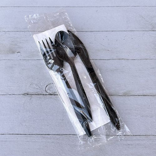 Boardwalk Four-piece Cutlery Kit Fork/knife/teaspoon/napkin Mediumweight Black 250/Case