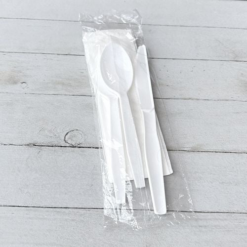 Boardwalk Four-piece Cutlery Kit Fork/knife/napkin/teaspoon Mediumweight Polystyrene White 250/Case