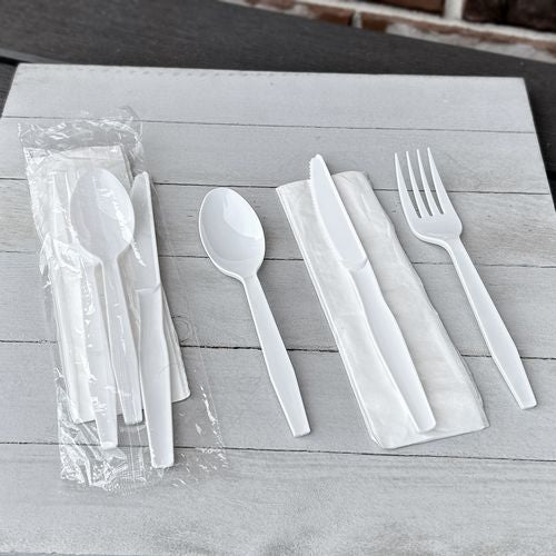 Boardwalk Four-piece Cutlery Kit Fork/knife/napkin/teaspoon Mediumweight Polystyrene White 250/Case