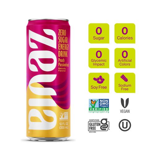 Zevia Zero Sugar Naturally Sweetened Energy Drink Peach Passionfruit 12 Oz Can 12/Case