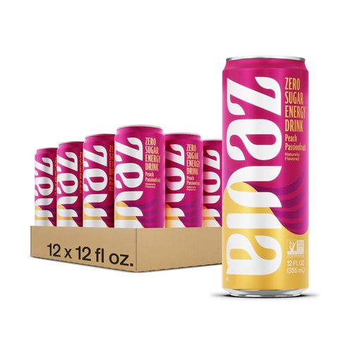 Zevia Zero Sugar Naturally Sweetened Energy Drink Peach Passionfruit 12 Oz Can 12/Case