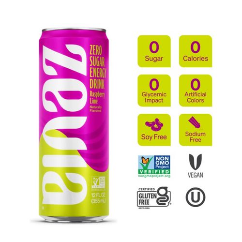 Zevia Zero Sugar Naturally Sweetened Energy Drink Raspberry Lime 12 Oz Can 12/Case