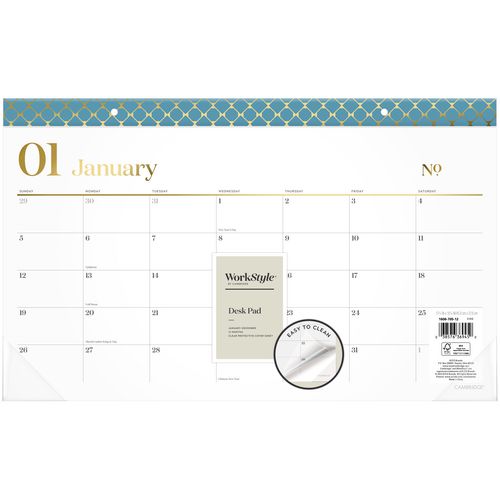 Cambridge Workstyle Compact Monthly Desk Pad Calendar 17.75x11 White Sheets Blue/gold Headband 12-month (jan To Dec): 2025