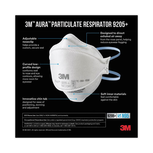 3M Aura Particulate Respirator 9205+ N95 One Size Fits All 20/pack