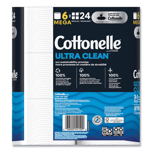 Cottonelle Ultra Cleancare Toilet Paper Strong Tissue Mega Rolls Septic Safe 1-ply White 284/roll 6 Rolls/pack 36 Rolls/Case