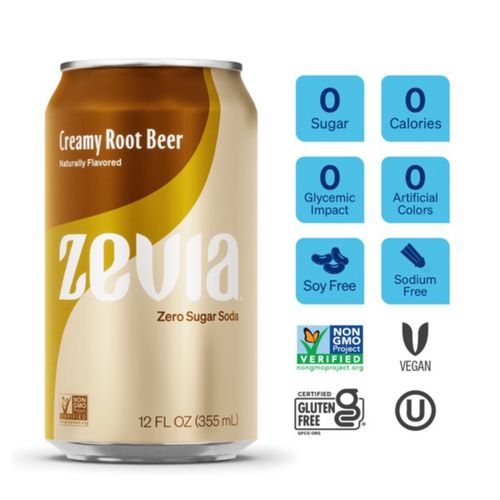 Zevia Zero Sugar Naturally Sweetened Soda Creamy Root Beer 12 Oz Can 12/Case