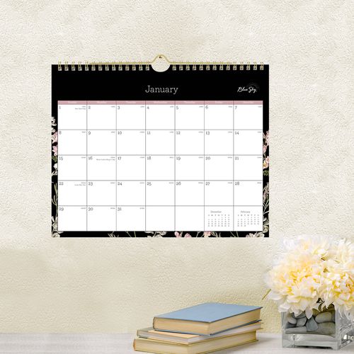 Blue Sky Neveah Monthly Wall Calendar Floral Artwork 11"x8.75" White/black/pink Sheets 12-month (jan To Dec): 2025