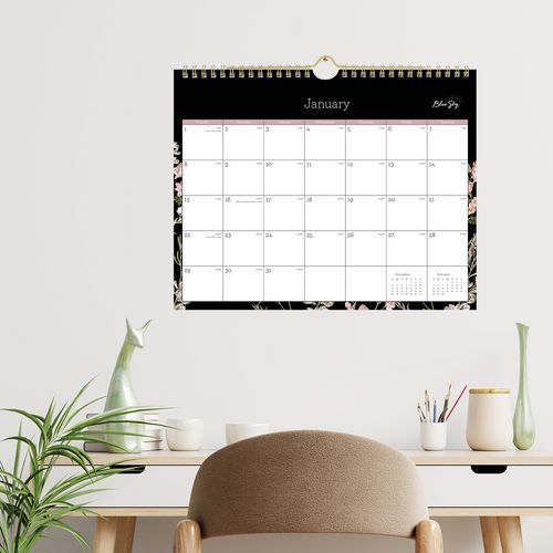 Blue Sky Neveah Monthly Wall Calendar Floral Artwork 11"x8.75" White/black/pink Sheets 12-month (jan To Dec): 2025