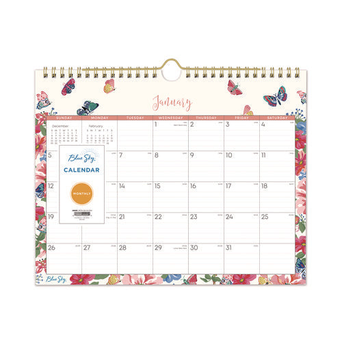 Blue Sky Fly By Monthly Wall Calendar Butterflies Artwork 11"x8.75" Cream/pink/blue Sheets 12-month (jan To Dec): 2025