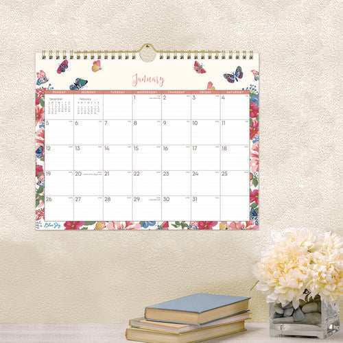 Blue Sky Fly By Monthly Wall Calendar Butterflies Artwork 11"x8.75" Cream/pink/blue Sheets 12-month (jan To Dec): 2025