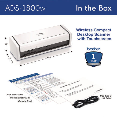 Brother Ads-1800w Compact Desktop Scanner 600 Dpix600 Dpi Optical Resolution 20-sheet Duplex Auto Document Feeder