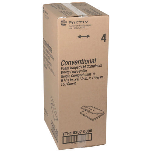 Pactiv Evergreen Conventional Foam Hinged Lid Container Very Shallow 9x6.5x1 White 150/Case