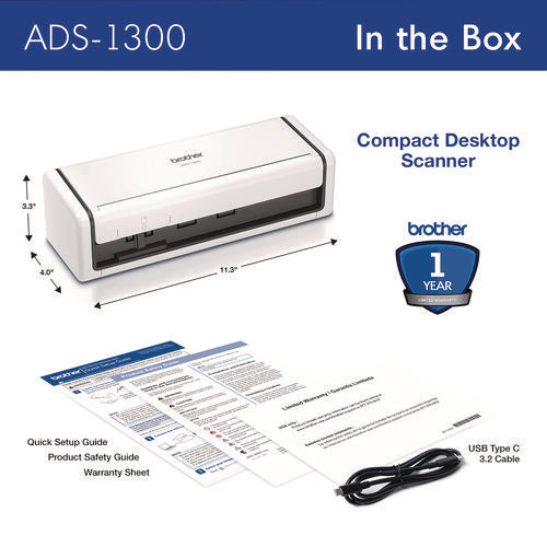 Brother Ads-1300 Compact Desktop Scanner 600 Dpix600 Dpi Optical Resolution 20-sheet Duplex Auto Document Feeder