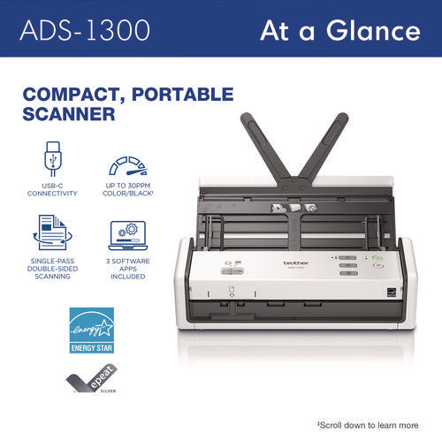 Brother Ads-1300 Compact Desktop Scanner 600 Dpix600 Dpi Optical Resolution 20-sheet Duplex Auto Document Feeder