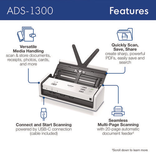 Brother Ads-1300 Compact Desktop Scanner 600 Dpix600 Dpi Optical Resolution 20-sheet Duplex Auto Document Feeder