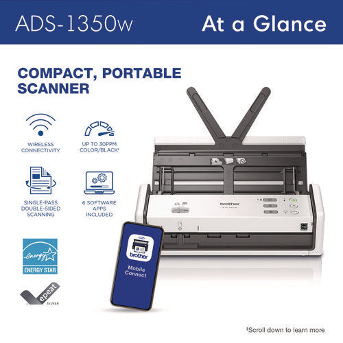 Brother Ads-1350w Compact Desktop Scanner 600 Dpix600 Dpi Optical Resolution 20-sheet Duplex Auto Document Feeder