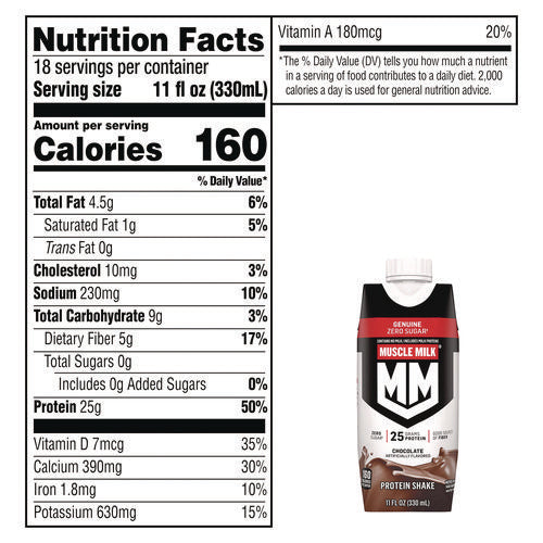 MUSCLE MILK PROTEIN Genuine Chocolate Protein Shake 11 Oz Carton 18/Case