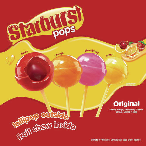 Starburst Pops Fruit Chew Filled Lollipops Variety Pack Assorted Flavors 0.6 Oz Individually Wrapped Lollipops 100/Case