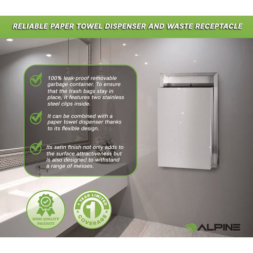 Alpine Industries Stainless Steel Recessed 12 Gal Leak-proof Waste Receptacle Brushed Stainless Steel