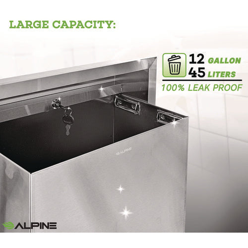 Alpine Industries Stainless Steel Recessed 12 Gal Leak-proof Waste Receptacle Brushed Stainless Steel
