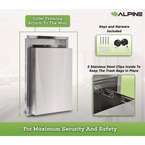 Alpine Industries Stainless Steel Recessed 12 Gal Leak-proof Waste Receptacle Brushed Stainless Steel
