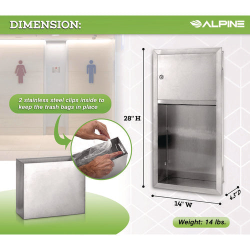 Alpine Industries Recessed Commercial Paper Towel Dispenser With 2 Gal Waste Receptacle 28x4.3x14 Stainless Steel