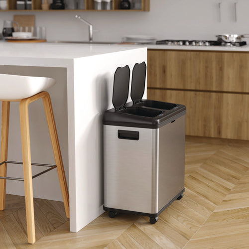 HLS Commercial Dual Compartment Sensor Recycle Bin And Trash Can With Wheels 16 Gal Plastic/stainless Steel Silver/black