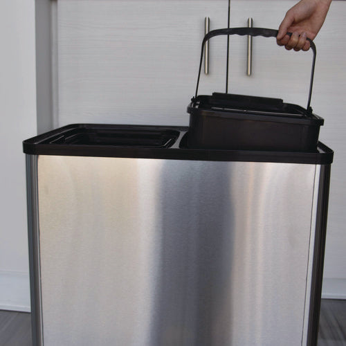 HLS Commercial Dual Compartment Sensor Recycle Bin And Trash Can With Wheels 16 Gal Plastic/stainless Steel Silver/black
