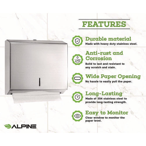 Alpine Industries Horizontal C-fold/multi-fold Paper Towel Dispenser 10.2x4x11.2 Brushed Nickel