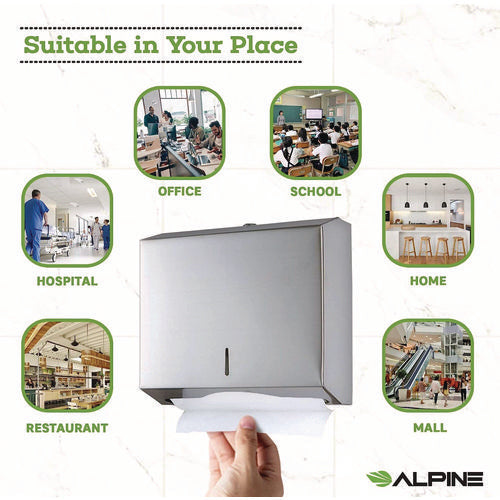 Alpine Industries Horizontal C-fold/multi-fold Paper Towel Dispenser 10.2x4x11.2 Brushed Nickel