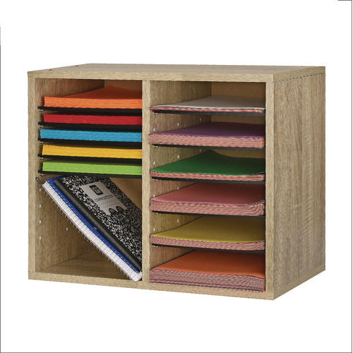 AdirOffice Wood Adjustable 12 Compartment Literature Organizer 12 Sections Letter Size 20x11.8x16.3 Medium Oak