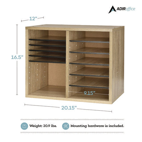 AdirOffice Wood Adjustable 12 Compartment Literature Organizer 12 Sections Letter Size 20x11.8x16.3 Medium Oak