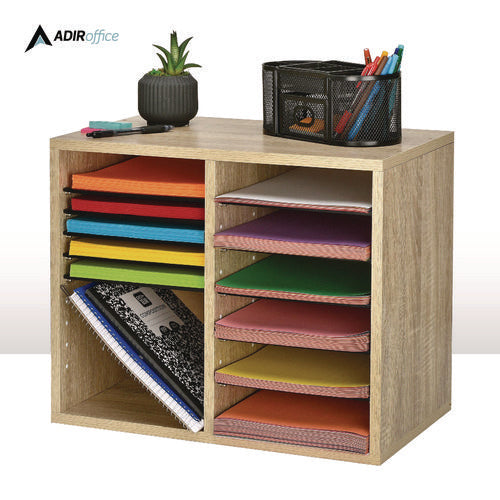 AdirOffice Wood Adjustable 12 Compartment Literature Organizer 12 Sections Letter Size 20x11.8x16.3 Medium Oak