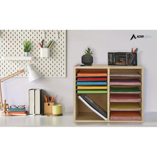 AdirOffice Wood Adjustable 12 Compartment Literature Organizer 12 Sections Letter Size 20x11.8x16.3 Medium Oak