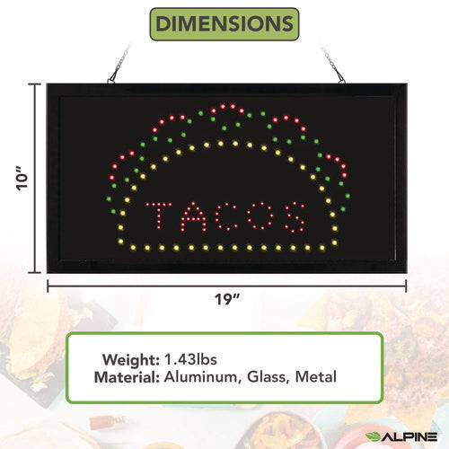 Alpine Industries Led Rectangular Taco Sign 19x10 Black Frame Green/red/yellow Graphics