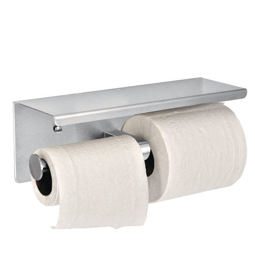 Alpine Industries Double Post Toilet Paper Holder With Shelf Storage Rack 3.87x10.5x3.95 Brushed Stainless Steel