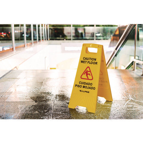 Alpine Industries Bilingual Caution Wet Floor Sign 11.8x0.7x24.6 Yellow 3/Case