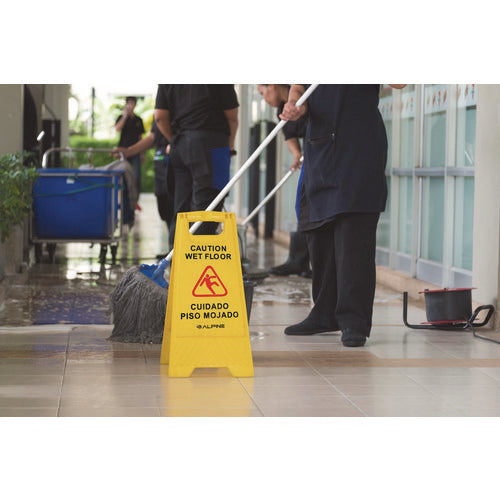 Alpine Industries Bilingual Caution Wet Floor Sign 11.8x0.7x24.6 Yellow 3/Case