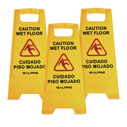 Alpine Industries Bilingual Caution Wet Floor Sign 11.8x0.7x24.6 Yellow 3/Case