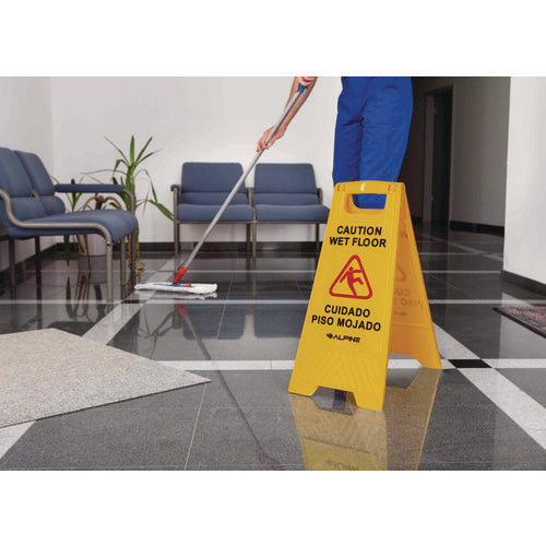 Alpine Industries Bilingual Caution Wet Floor Sign 11.8x0.7x24.6 Yellow 3/Case