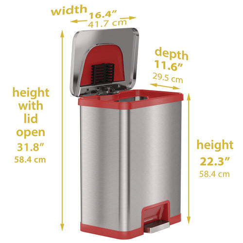 HLS Commercial Step Pedal-sensor Trash Can 13 Gal Plastic/stainless Steel Silver/red